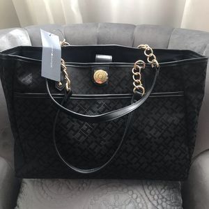 TOMMY HILFIGER New Black/gold Shoulder Bag 15X10in